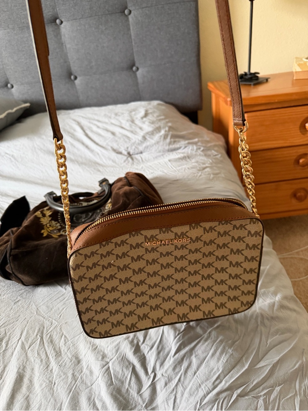 Michael Kors Tan Brown MK Logo Crossbody Bag with Gold Hardware
